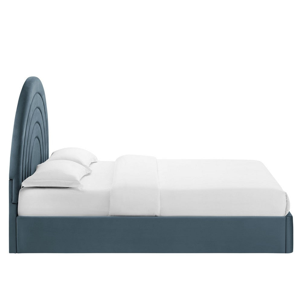 Modway Solana Full Size Performance Velvet Platform Bed in Cadet Blue – Upholstered Double Bed Frame with Soft Arch Shaped Padded Headboard