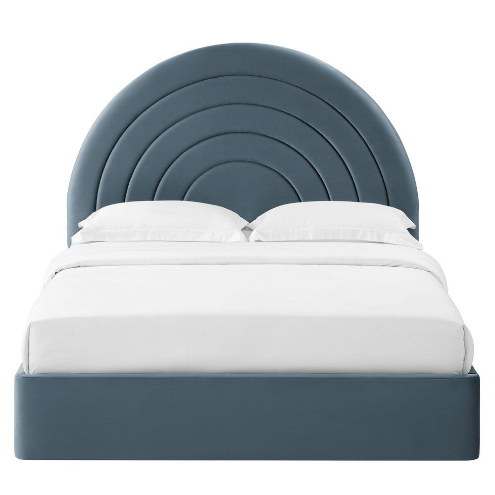 Modway Solana Full Size Performance Velvet Platform Bed in Cadet Blue – Upholstered Double Bed Frame with Soft Arch Shaped Padded Headboard