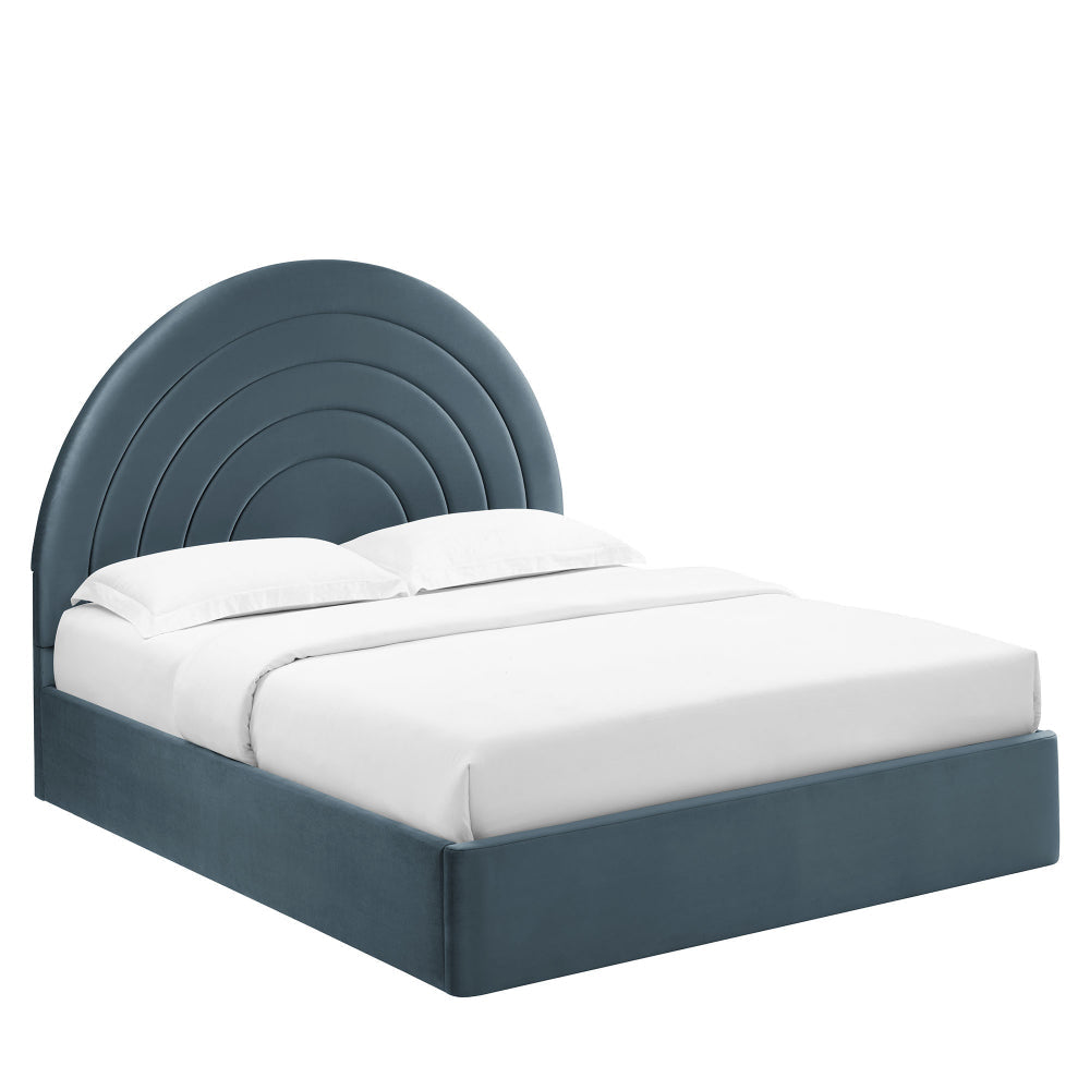 Modway Solana Full Size Performance Velvet Platform Bed in Cadet Blue – Upholstered Double Bed Frame with Soft Arch Shaped Padded Headboard – Plinth Base Platform Bed Frame
