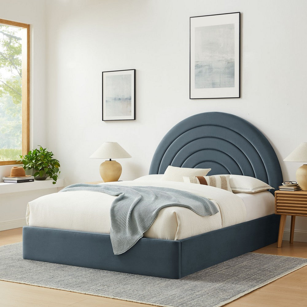 Modway Solana Full Size Performance Velvet Platform Bed in Cadet Blue – Upholstered Double Bed Frame with Soft Arch Shaped Padded Headboard – Plinth Base Platform Bed Frame