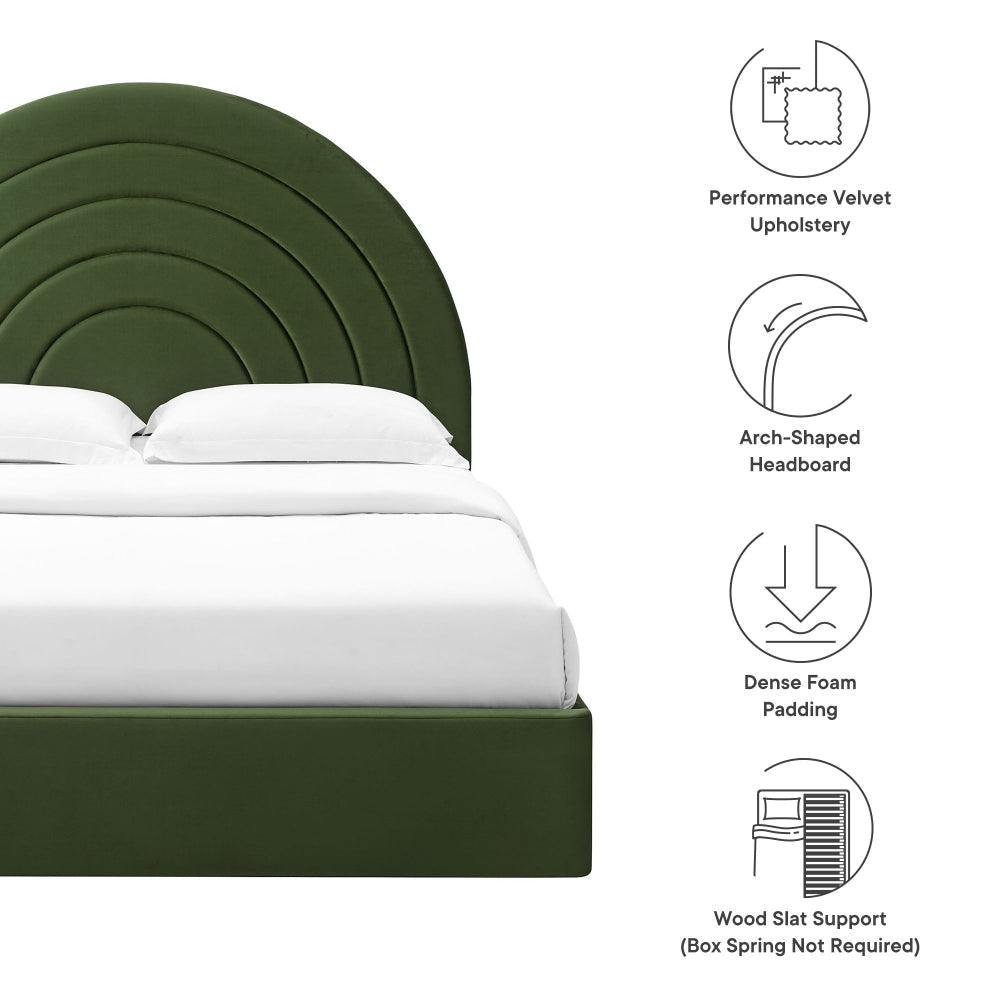 Modway Solana Full Size Performance Velvet Platform Bed in Moss Green – Upholstered Double Bed Frame with Soft Arch Shaped Padded Headboard