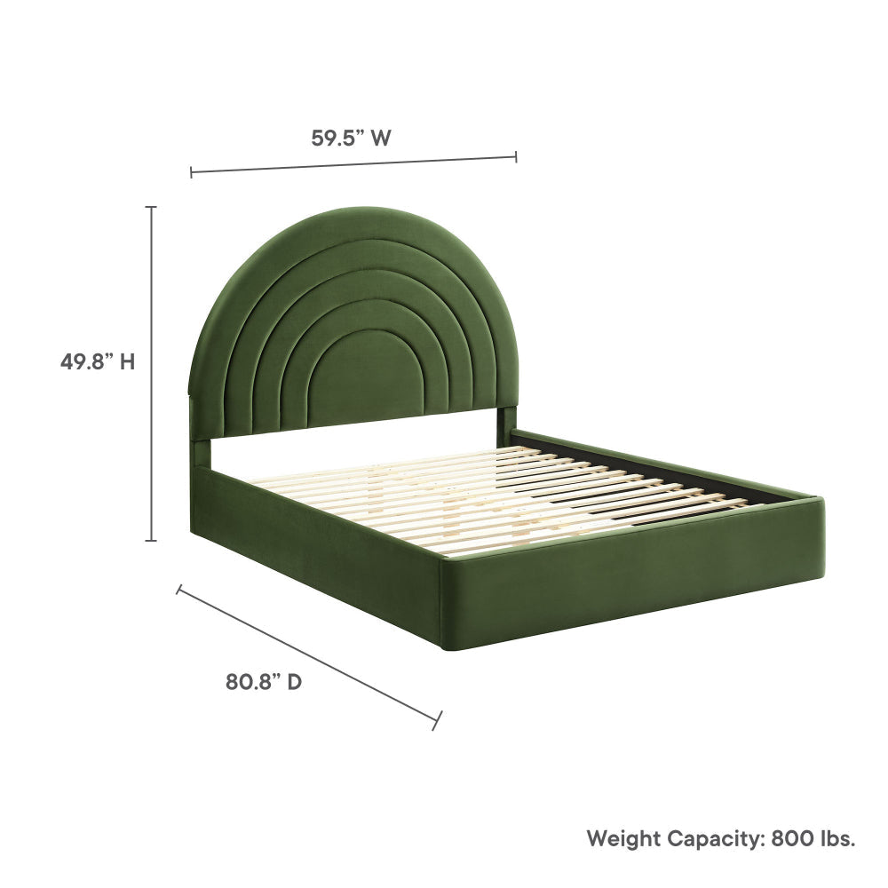 Modway Solana Full Size Performance Velvet Platform Bed in Moss Green – Upholstered Double Bed Frame with Soft Arch Shaped Padded Headboard