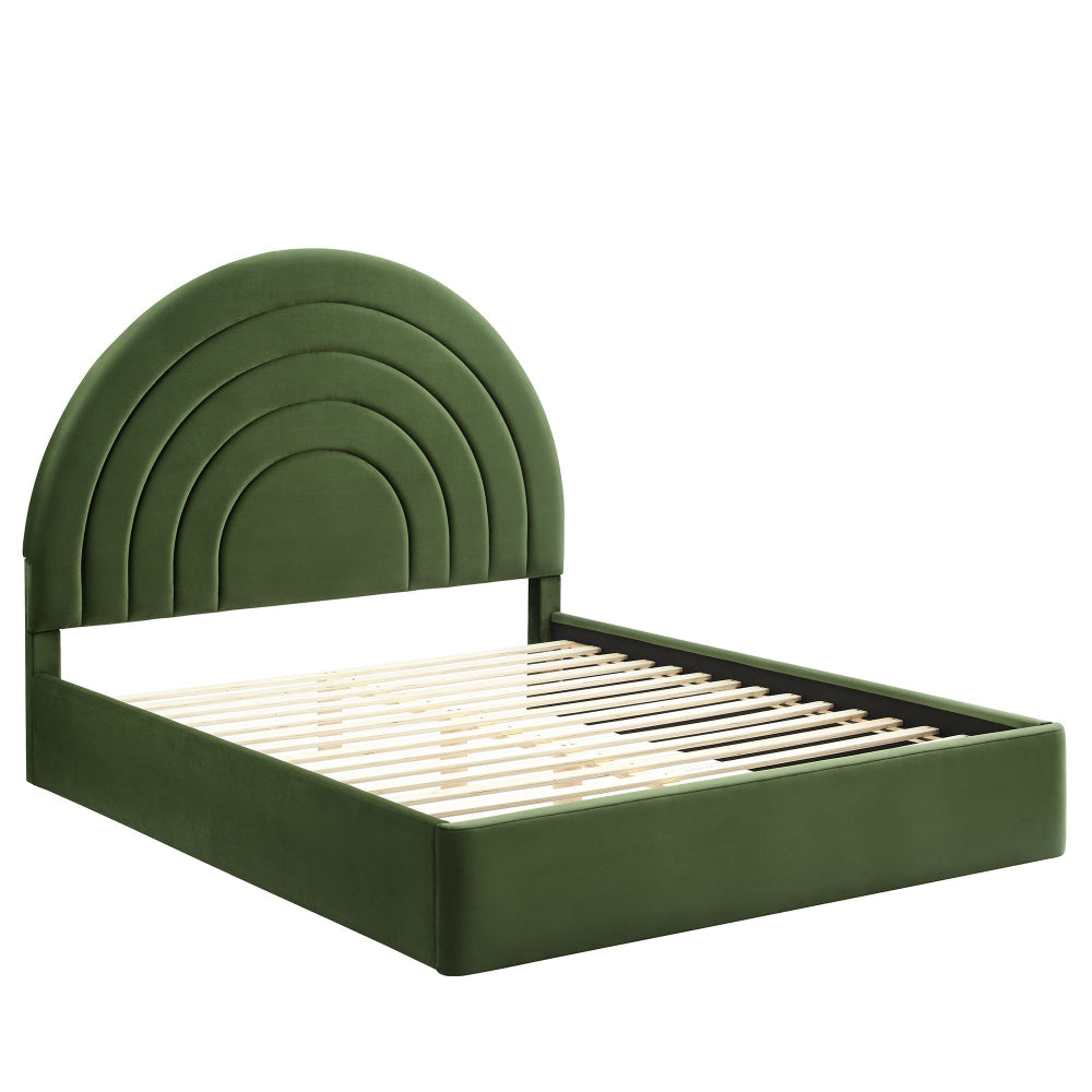 Modway Solana Full Size Performance Velvet Platform Bed in Moss Green – Upholstered Double Bed Frame with Soft Arch Shaped Padded Headboard