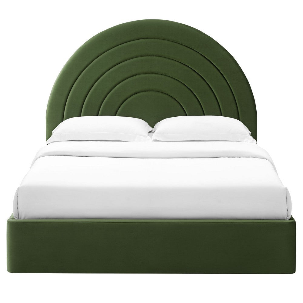 Modway Solana Full Size Performance Velvet Platform Bed in Moss Green – Upholstered Double Bed Frame with Soft Arch Shaped Padded Headboard