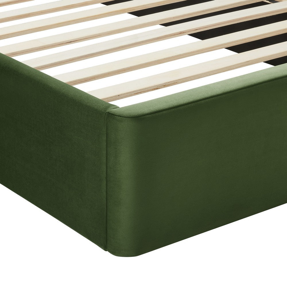 Modway Solana Full Size Performance Velvet Platform Bed in Moss Green – Upholstered Double Bed Frame with Soft Arch Shaped Padded Headboard