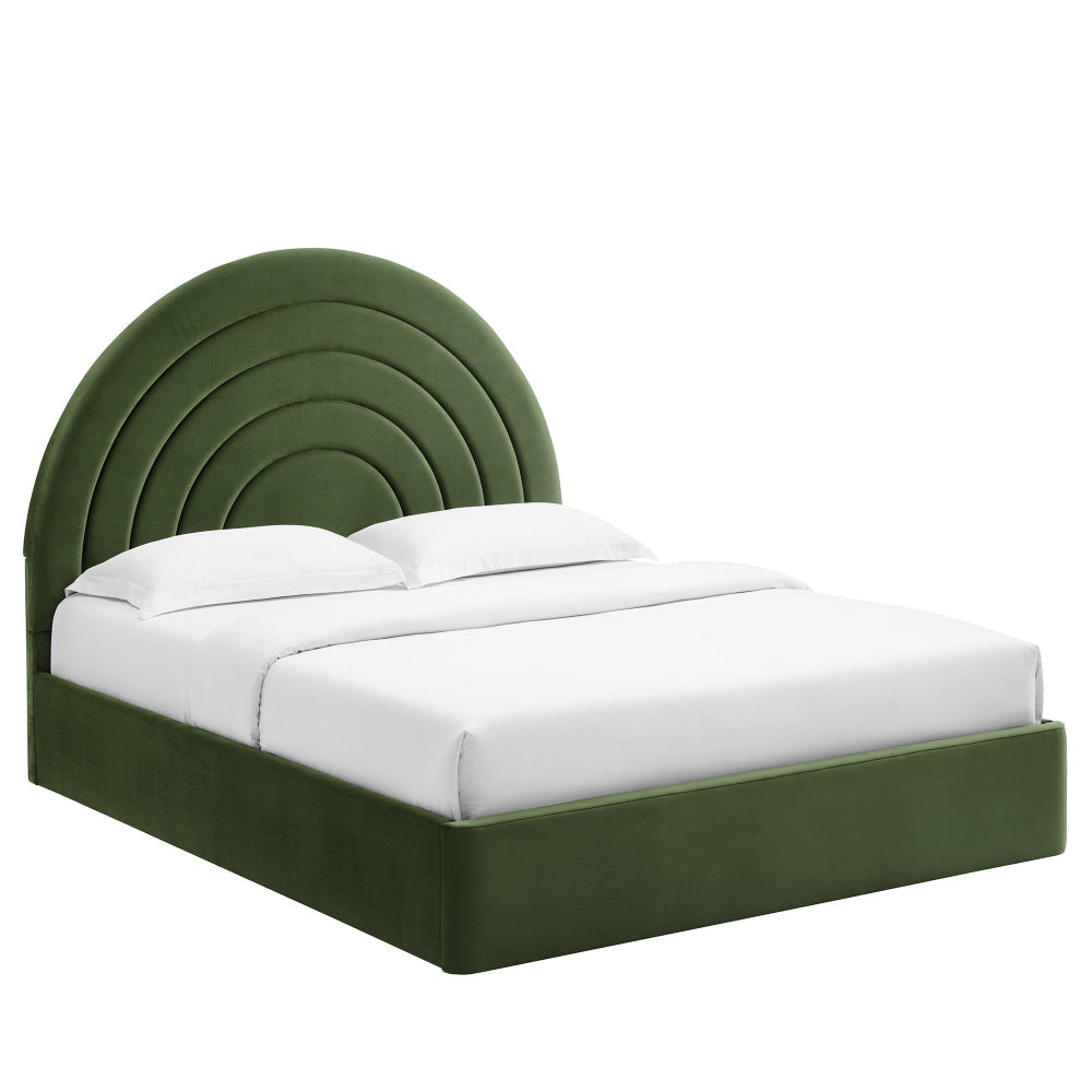 Modway Solana Full Size Performance Velvet Platform Bed in Moss Green – Upholstered Double Bed Frame with Soft Arch Shaped Padded Headboard – Plinth Base Platform Bed Frame
