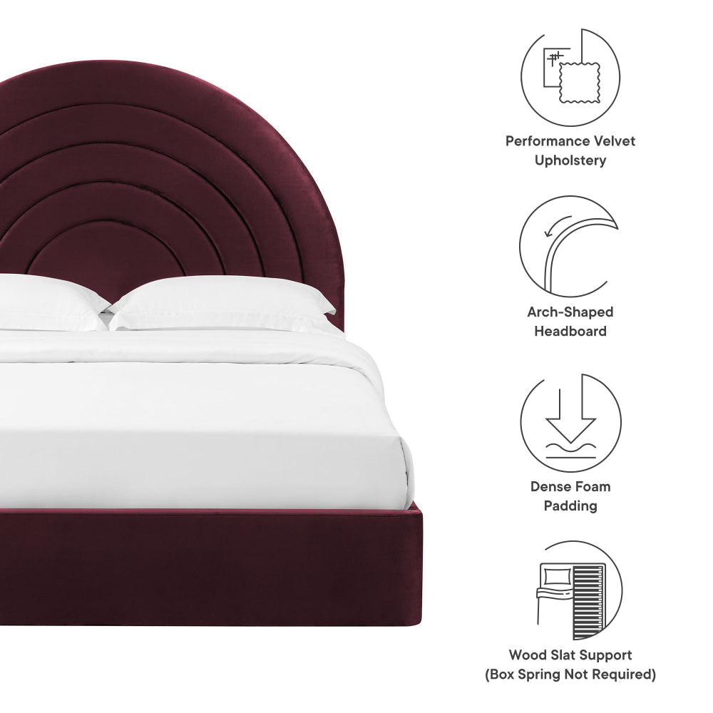 Modway Solana Full Size Performance Velvet Platform Bed in Mulberry – Upholstered Double Bed Frame with Soft Arch Shaped Padded Headboard –