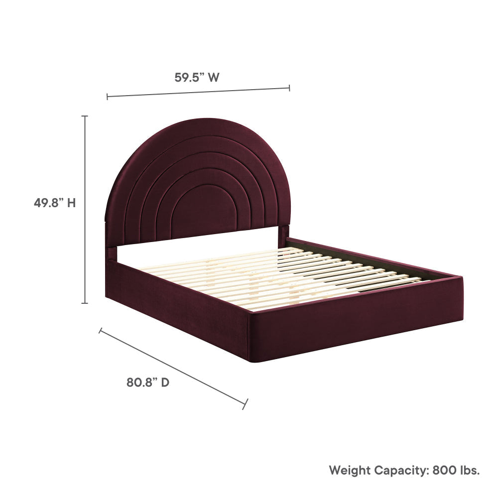 Modway Solana Full Size Performance Velvet Platform Bed in Mulberry – Upholstered Double Bed Frame with Soft Arch Shaped Padded Headboard –