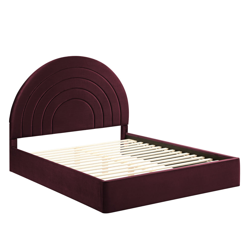 Modway Solana Full Size Performance Velvet Platform Bed in Mulberry – Upholstered Double Bed Frame with Soft Arch Shaped Padded Headboard –