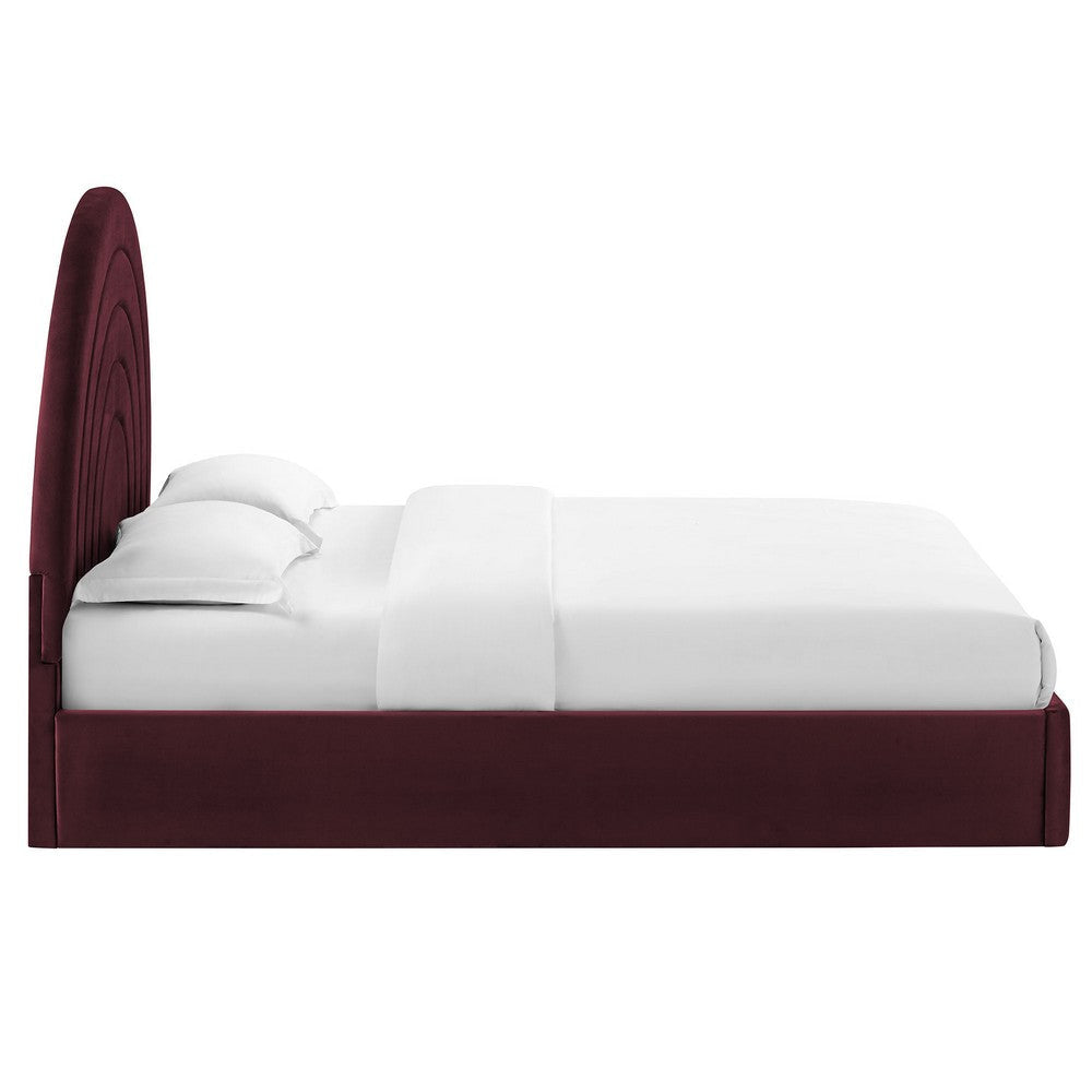Modway Solana Full Size Performance Velvet Platform Bed in Mulberry – Upholstered Double Bed Frame with Soft Arch Shaped Padded Headboard –