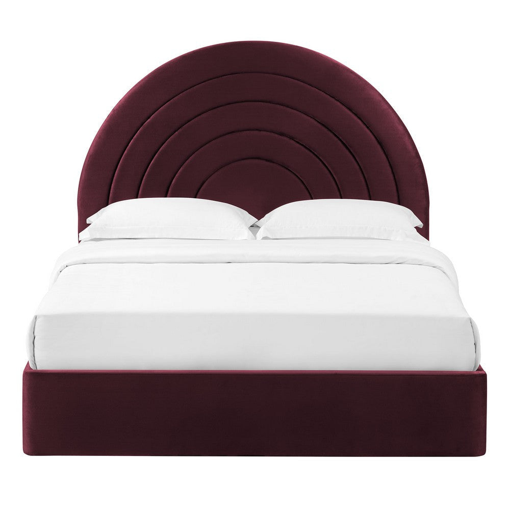 Modway Solana Full Size Performance Velvet Platform Bed in Mulberry – Upholstered Double Bed Frame with Soft Arch Shaped Padded Headboard –