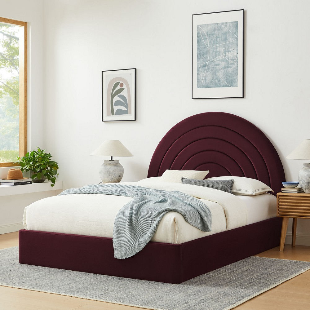 Modway Solana Full Size Performance Velvet Platform Bed in Mulberry – Upholstered Double Bed Frame with Soft Arch Shaped Padded Headboard – Plinth Base Platform Bed Frame