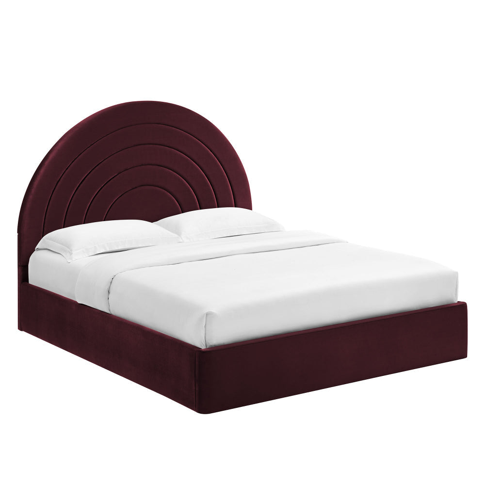 Modway Solana Full Size Performance Velvet Platform Bed in Mulberry – Upholstered Double Bed Frame with Soft Arch Shaped Padded Headboard – Plinth Base Platform Bed Frame