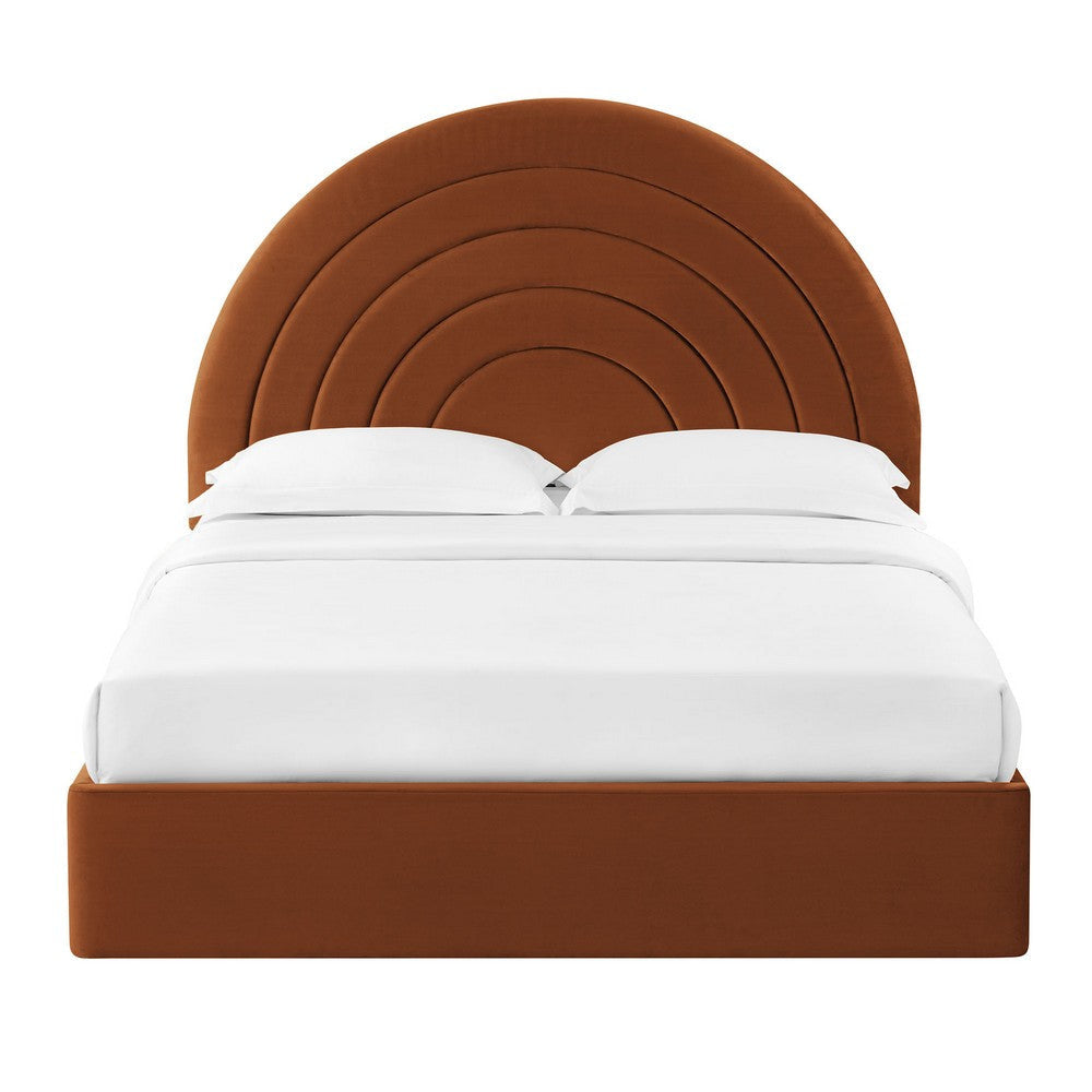 Modway Solana Full Size Performance Velvet Platform Bed in Rust – Upholstered Double Bed Frame with Soft Arch Shaped Padded Headboard –