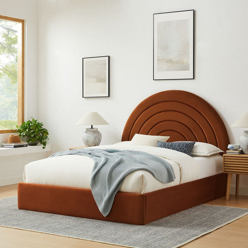 Modway Solana Full Size Performance Velvet Platform Bed in Rust – Upholstered Double Bed Frame with Soft Arch Shaped Padded Headboard – Plinth Base Platform Bed Frame