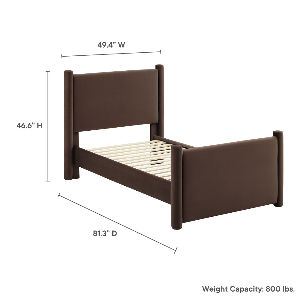 Modway Rael Twin Platform Bed Frame with Upholstered Headboard and Footboard in Chocolate Brown – Stain-Resistant Performance Velvet Twin