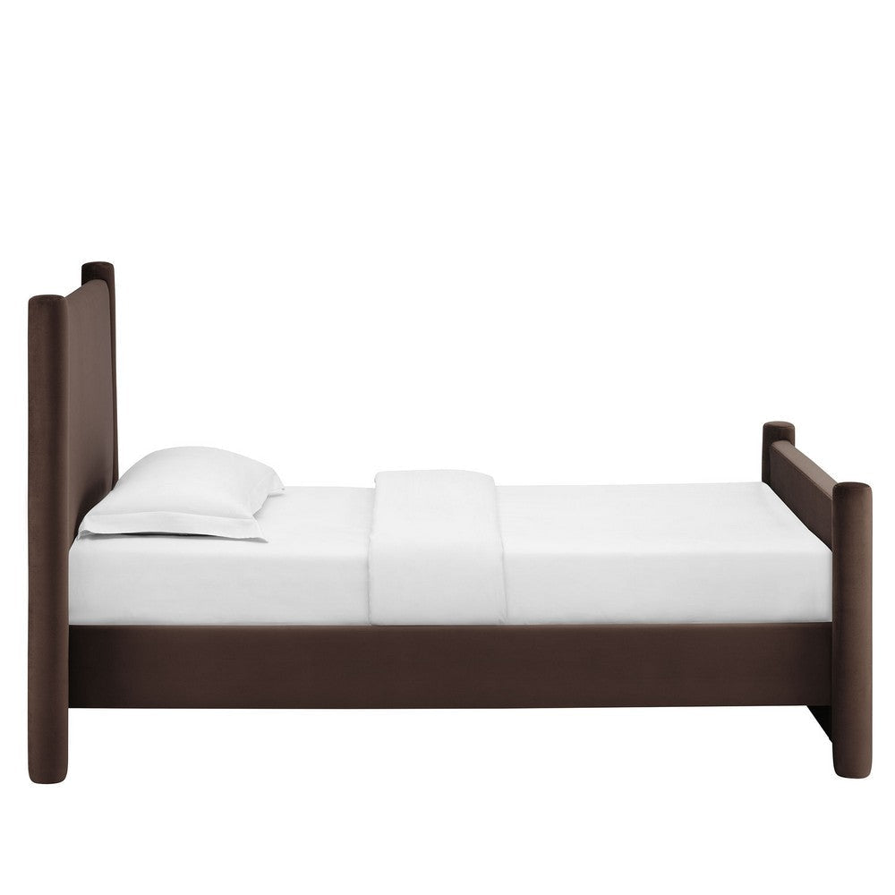 Modway Rael Twin Platform Bed Frame with Upholstered Headboard and Footboard in Chocolate Brown – Stain-Resistant Performance Velvet Twin