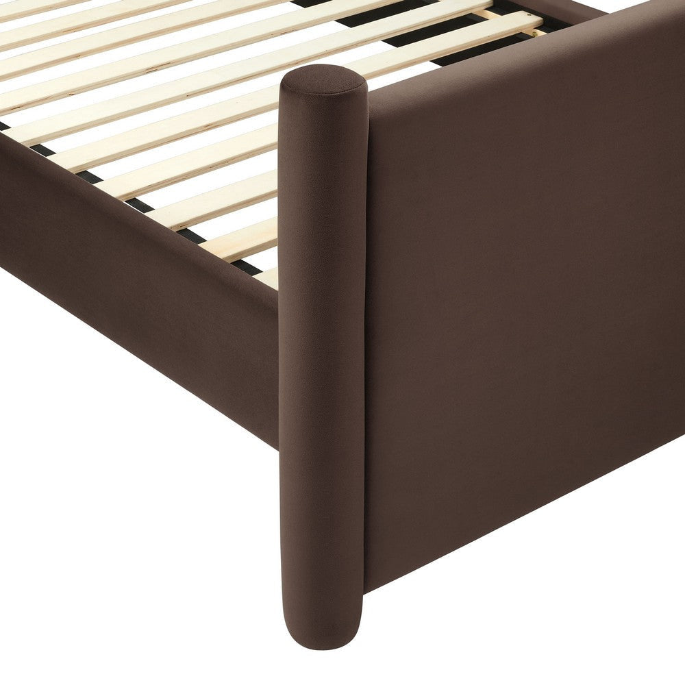 Modway Rael Twin Platform Bed Frame with Upholstered Headboard and Footboard in Chocolate Brown – Stain-Resistant Performance Velvet Twin