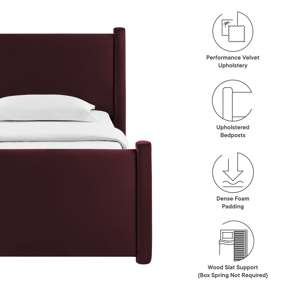 Modway Rael Twin Platform Bed Frame with Upholstered Headboard and Footboard in Mulberry – Stain-Resistant Performance Velvet Twin Size Bed