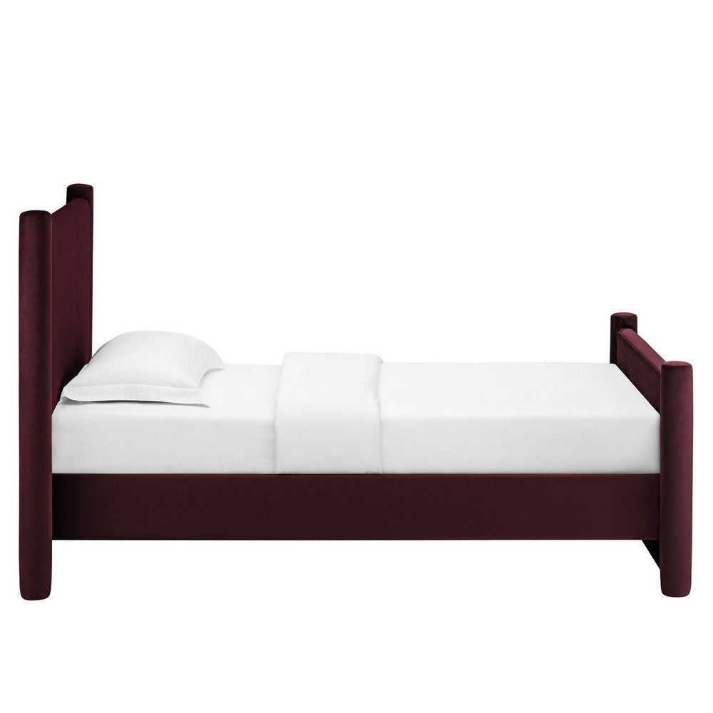 Modway Rael Twin Platform Bed Frame with Upholstered Headboard and Footboard in Mulberry – Stain-Resistant Performance Velvet Twin Size Bed