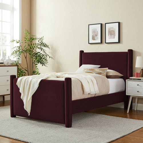 Modway Rael Twin Platform Bed Frame with Upholstered Headboard and Footboard in Mulberry – Stain-Resistant Performance Velvet Twin Size Bed with Rounded Posts