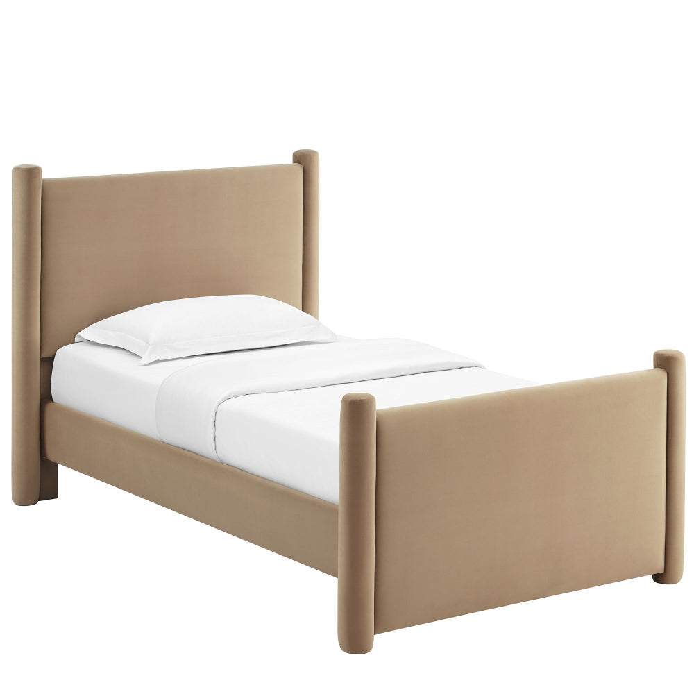 Modway Rael Twin Platform Bed Frame with Upholstered Headboard and Footboard in Taupe – Stain-Resistant Performance Velvet Twin Size Bed with Rounded Posts