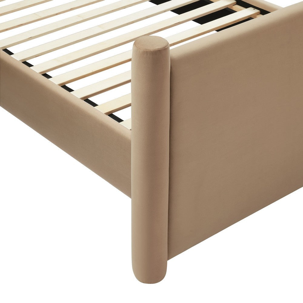 Modway Rael Twin Platform Bed Frame with Upholstered Headboard and Footboard in Taupe – Stain-Resistant Performance Velvet Twin Size Bed