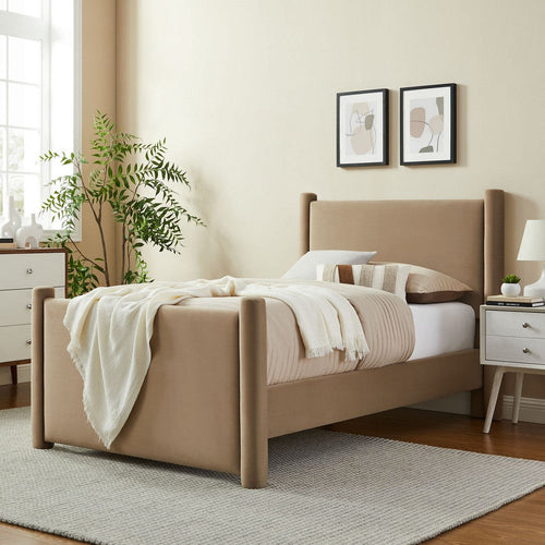Modway Rael Twin Platform Bed Frame with Upholstered Headboard and Footboard in Taupe – Stain-Resistant Performance Velvet Twin Size Bed with Rounded Posts