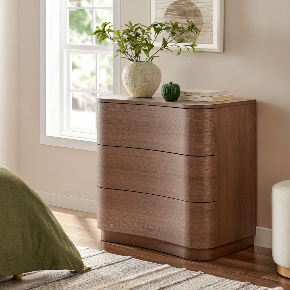 Modway Mirae 3-Drawer Curved Compact Dresser Brushed Brown Oak