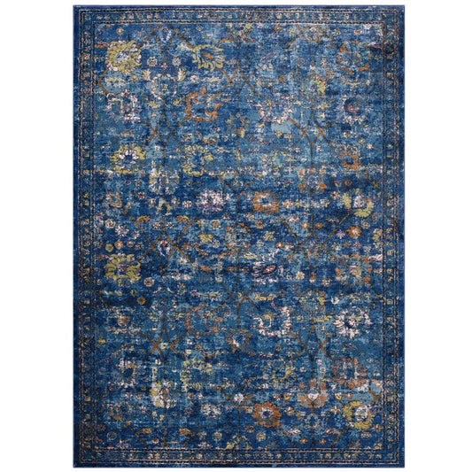 Modway Minu Distressed Floral Lattice 8x10 Area Rug in Dark Blue, Yellow and Orange