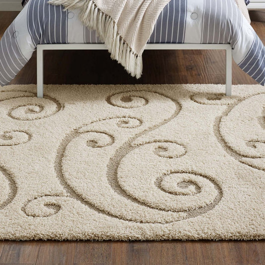 Jubilant Sprout Scrolling Vine Shag 5x8 Area Rug by Modway| Brown