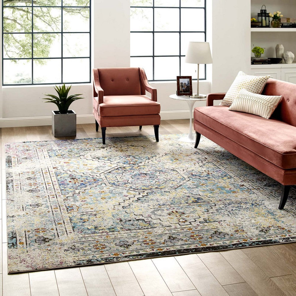 Success Jacinda Distressed Vintage Floral Vintage Medallion 8x10 Area Rug by Modway| Gray