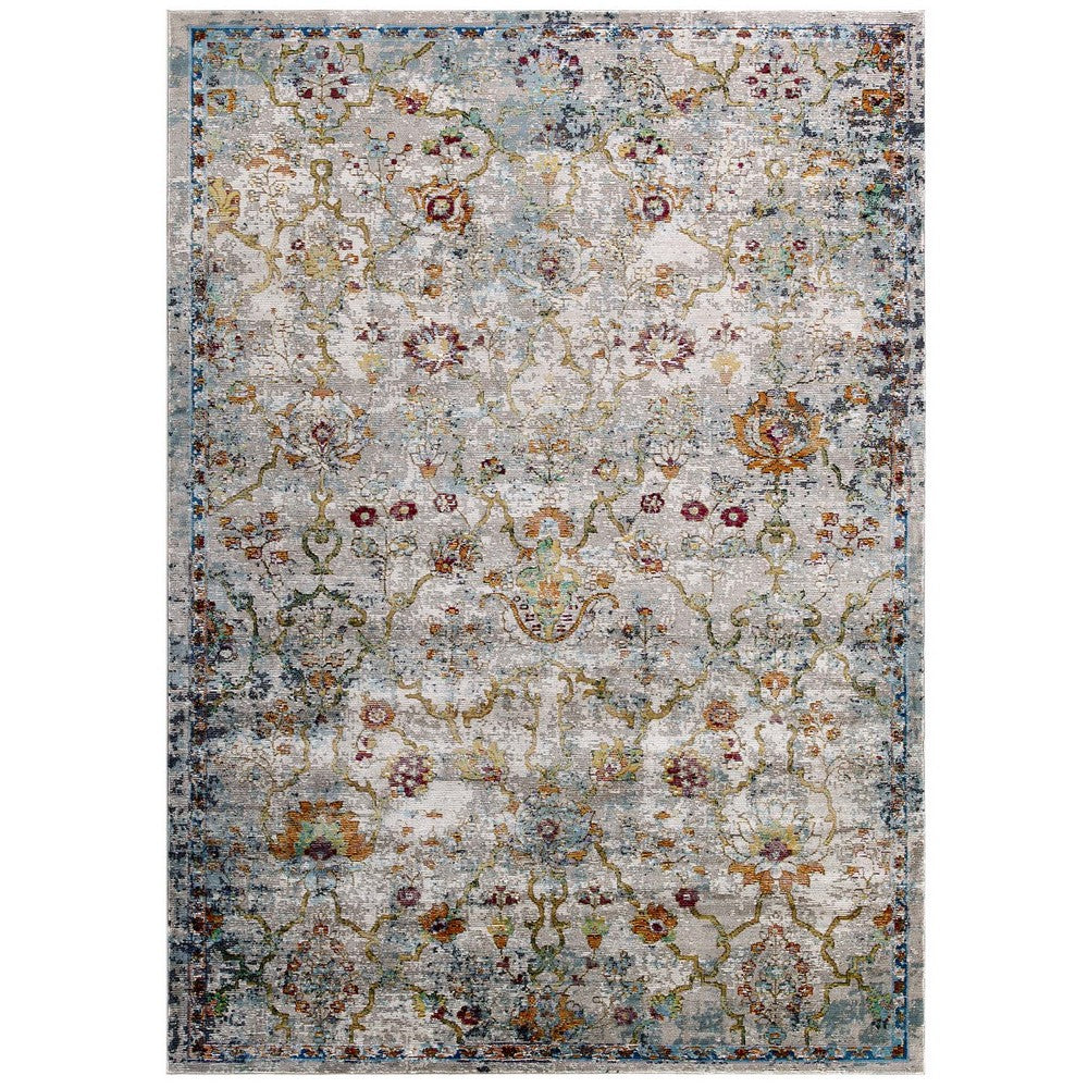 Success Manuka Distressed Vintage Floral Lattice 4x6 Area Rug by Modway| Gray