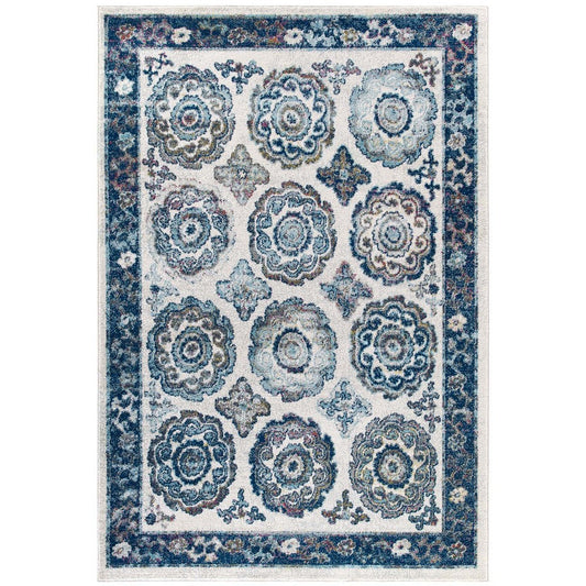 Modway Entourage Odile Transitional Distressed Vintage Floral Moroccan Trellis 8x10 Area Rug, Ivory and Blue