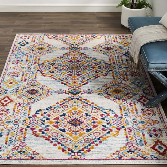 Entourage Khalida Distressed Vintage Floral Lattice 5x8 Area Rug by Modway| Gray