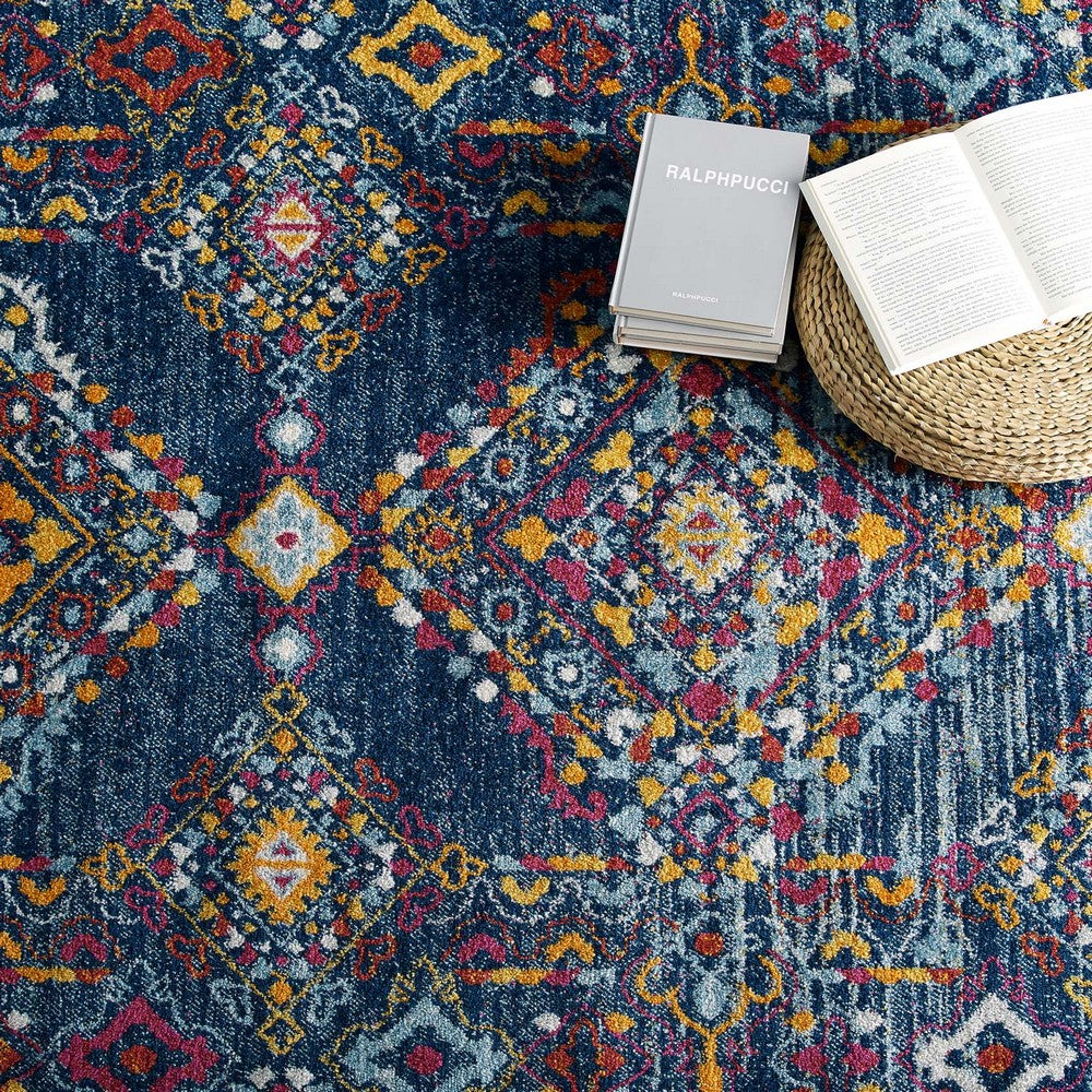 Entourage Khalida Distressed Vintage Floral Lattice 5x8 Area Rug by Modway| Blue