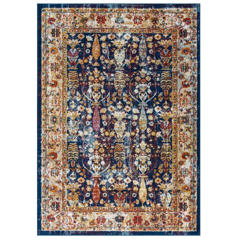 Entourage Jessa Distressed Vintage Floral Lattice 5x8 Area Rug by Modway| Blue