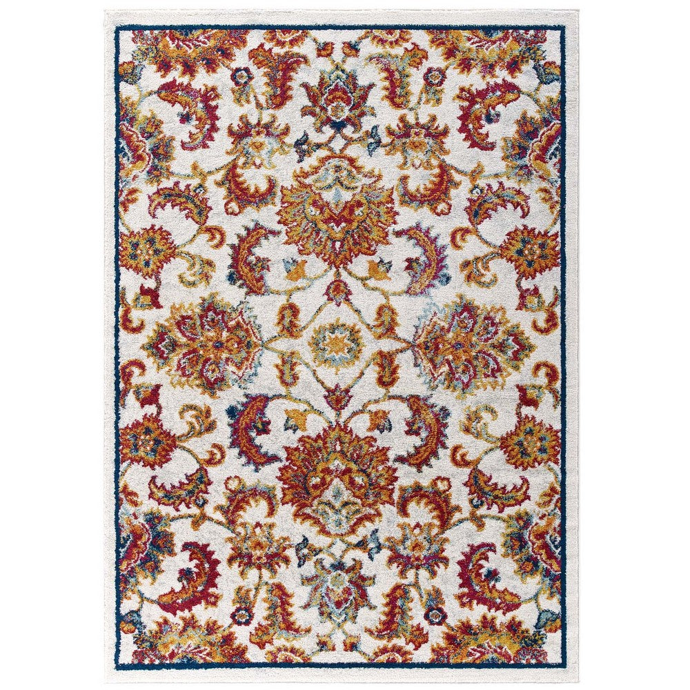 Entourage Azami Distressed Vintage Floral Lattice 5x8 Area Rug by Modway| White