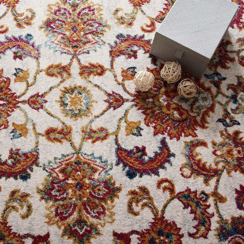 Entourage Azami Distressed Vintage Floral Lattice 5x8 Area Rug by Modway| White