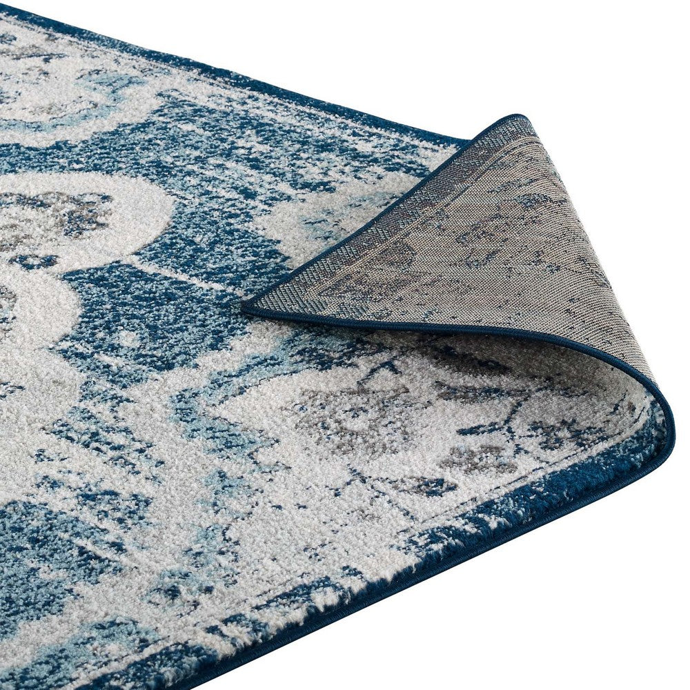 Entourage Malia Distressed Vintage Floral Vintage Medallion 5x8 Area Rug by Modway| Blue