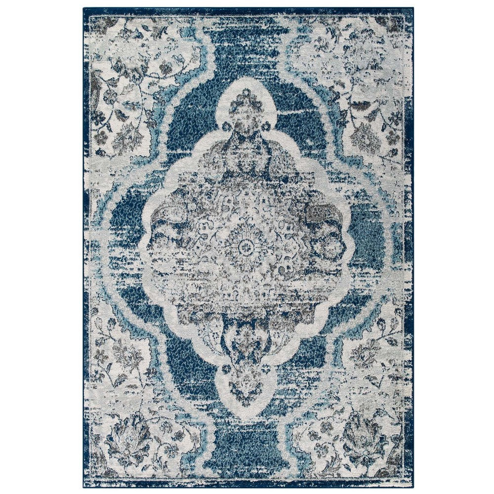 Entourage Malia Distressed Vintage Floral Vintage Medallion 5x8 Area Rug by Modway| Blue