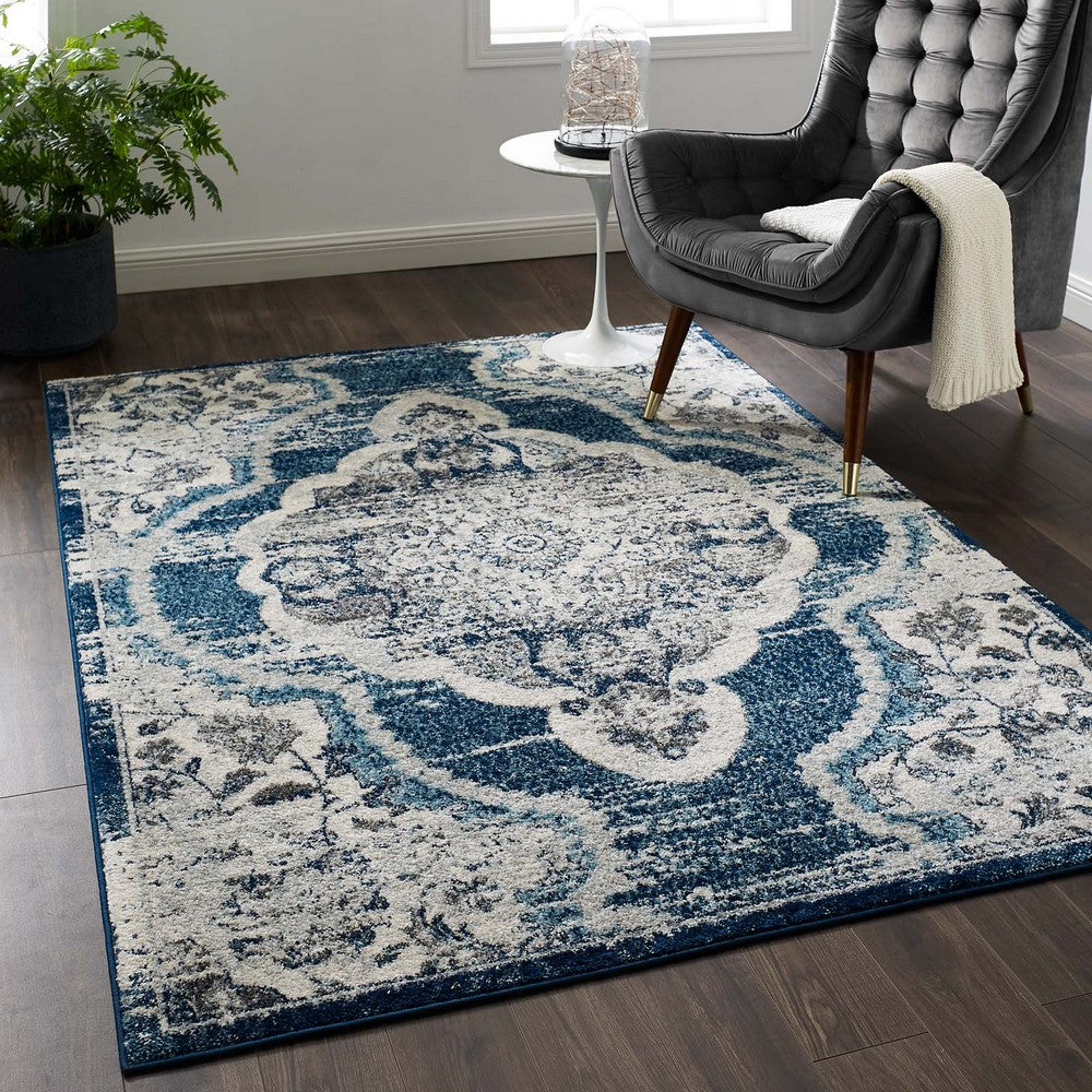 Entourage Malia Distressed Vintage Floral Vintage Medallion 5x8 Area Rug by Modway| Blue
