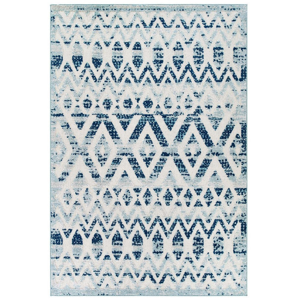 Modway Reflect Distressed Vintage Diamond and Chevron Moroccan Trellis 8x10 Indoor and Outdoor Area Rug, 8 ft x 10 ft, Tamako/Ivory and Blue