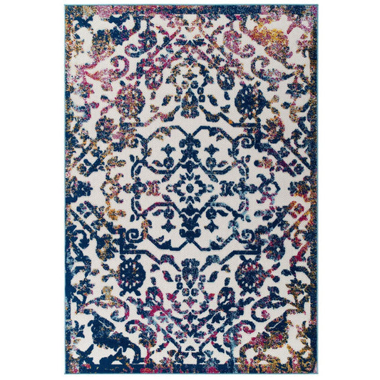 Modway Reflect Distressed Vintage Ornate Floral Lattice 8x10 Indoor and Outdoor Area Rug, 8 ft x 10 ft, Primrose/Ivory, Dark Blue, Multicolored