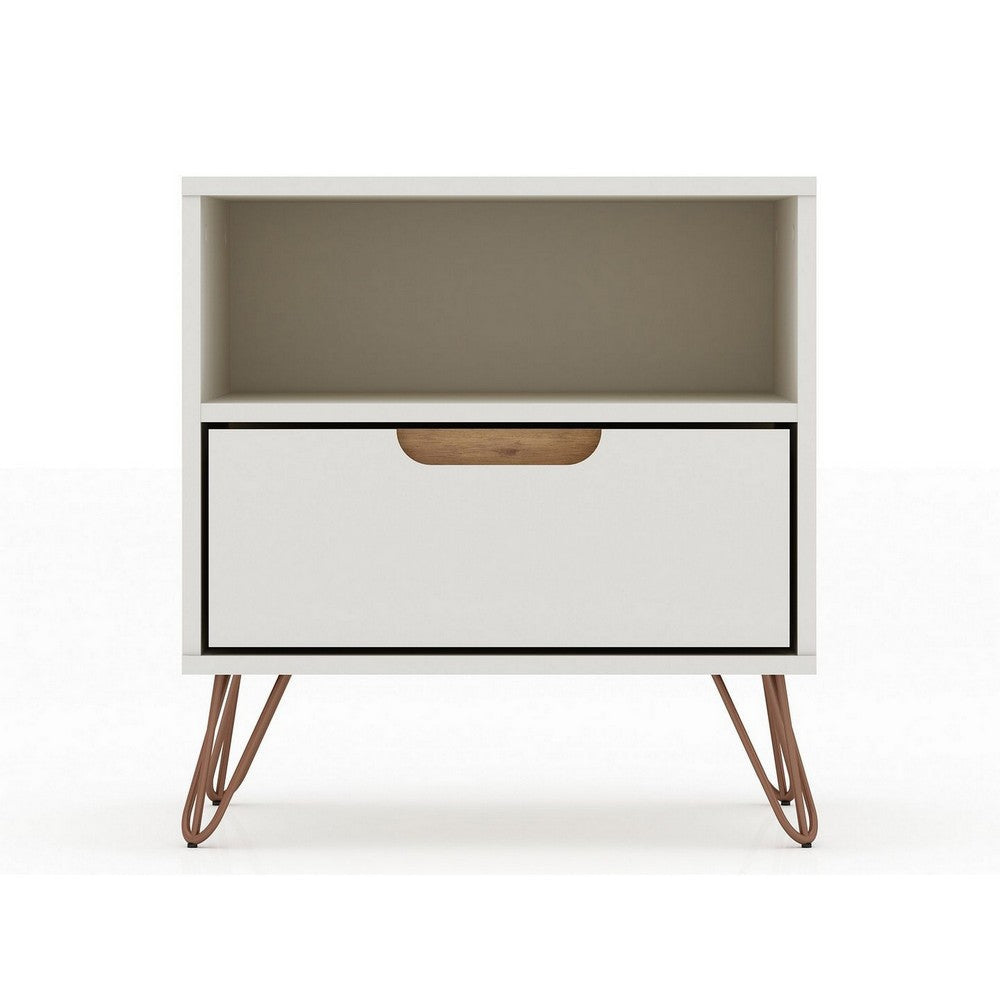 Rockefeller 1.0 Mid-Century- Modern Nightstand with 1-Drawer in Off White and Nature MHC-101GMC3
