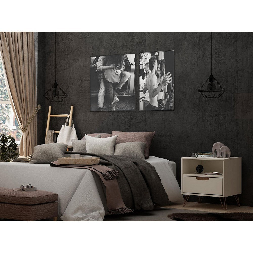 Rockefeller 1.0 Mid-Century- Modern Nightstand with 1-Drawer in Off White and Nature MHC-101GMC3