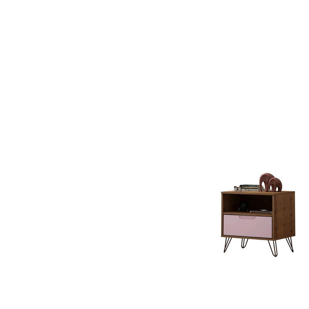 Rockefeller 1.0 Mid-Century- Modern Nightstand with 1-Drawer in Nature and Rose Pink MHC-101GMC6