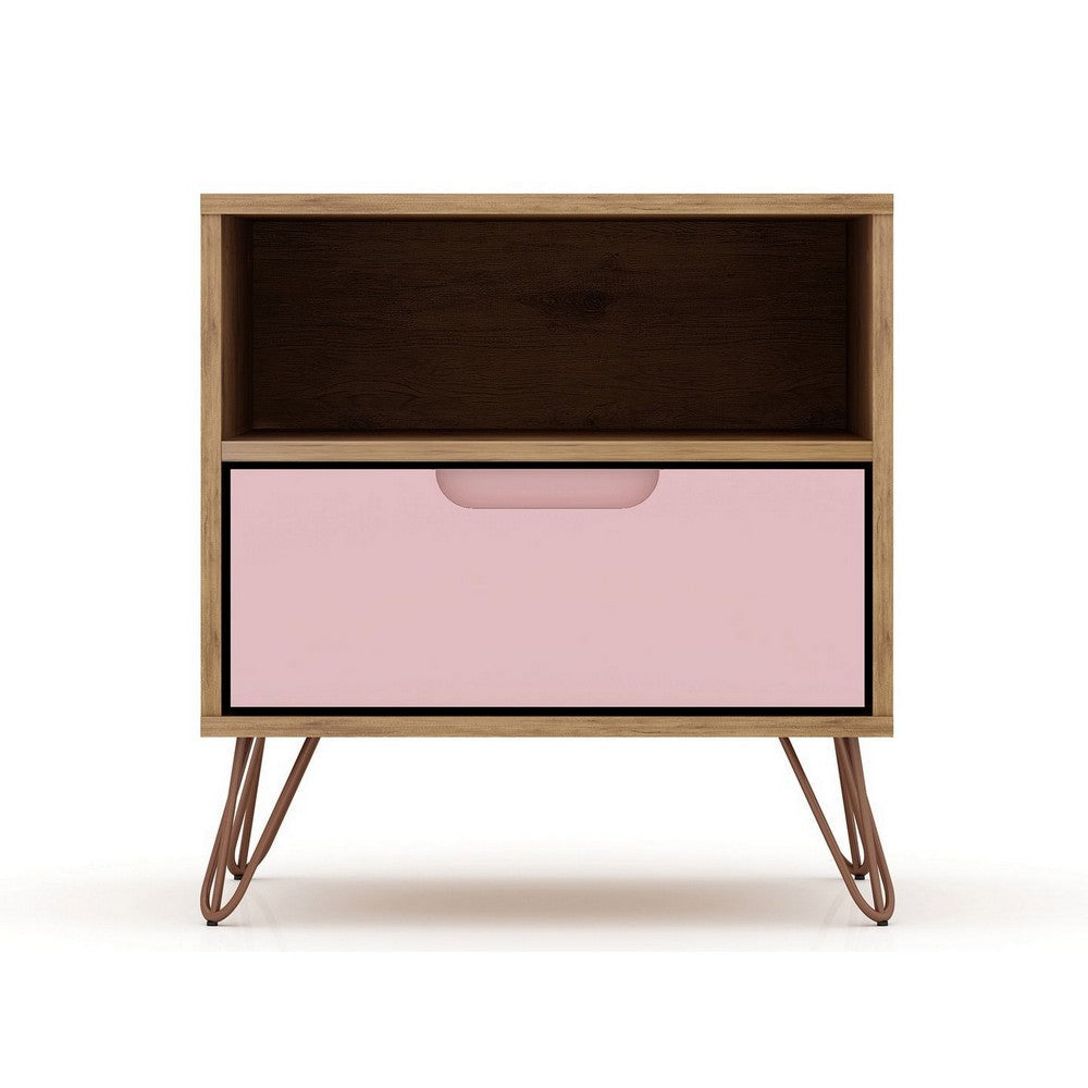 Rockefeller 1.0 Mid-Century- Modern Nightstand with 1-Drawer in Nature and Rose Pink