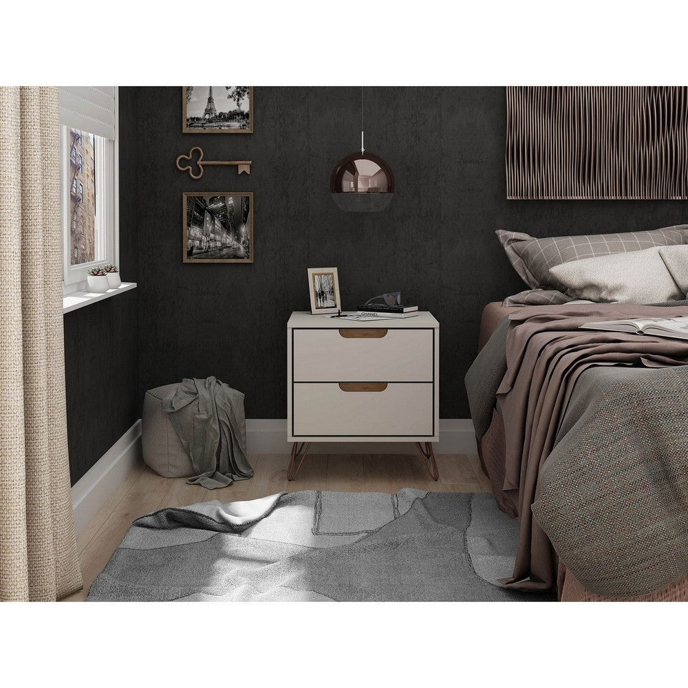 Rockefeller 2.0 Mid-Century- Modern Nightstand with 2-Drawer in Off White and Nature MHC-102GMC3