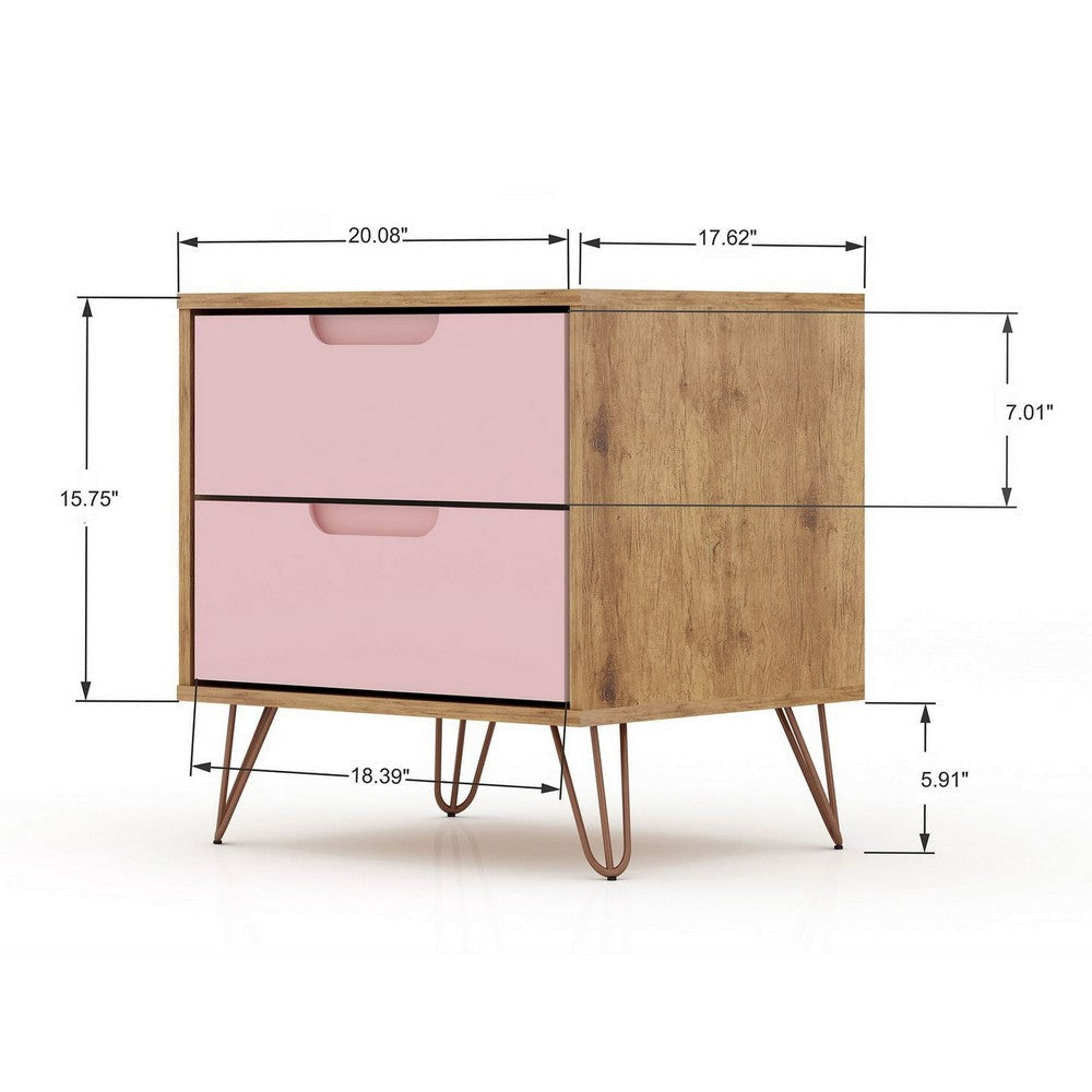 Rockefeller 2.0 Mid-Century- Modern Nightstand with 2-Drawer in Nature and Rose Pink MHC-102GMC6